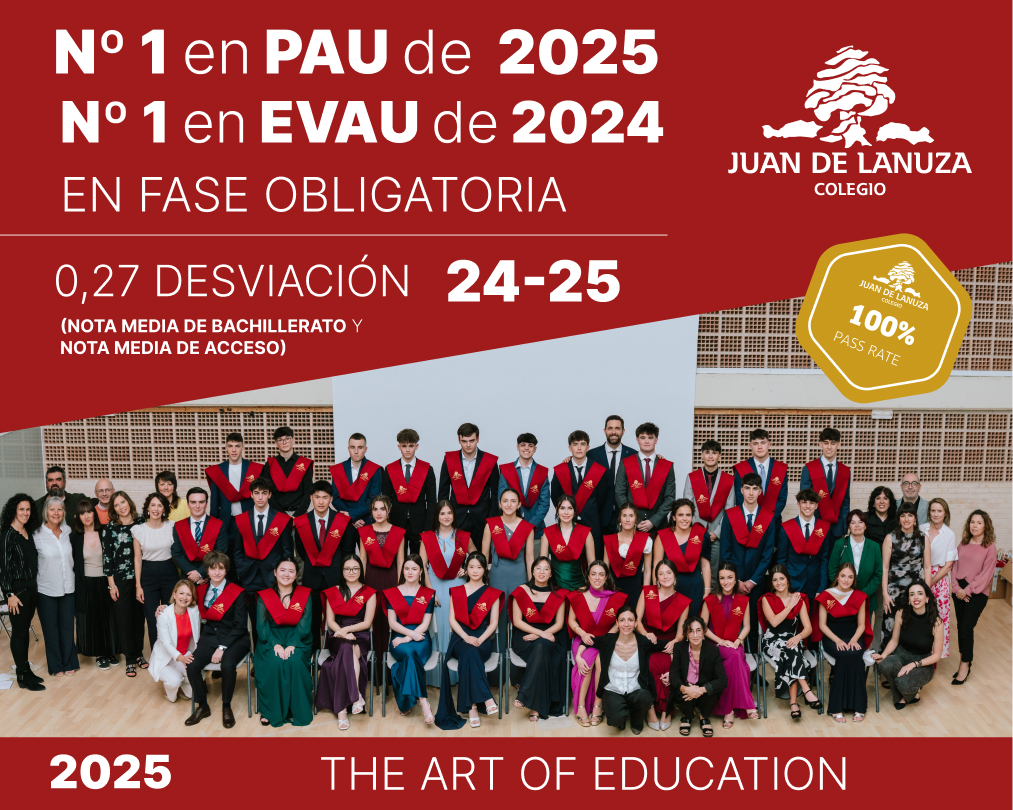 Promoción de Bachillerato del Colegio Juan de Lanuza tras obtener el primer puesto en la PAU 2025 en la fase obligatoria.