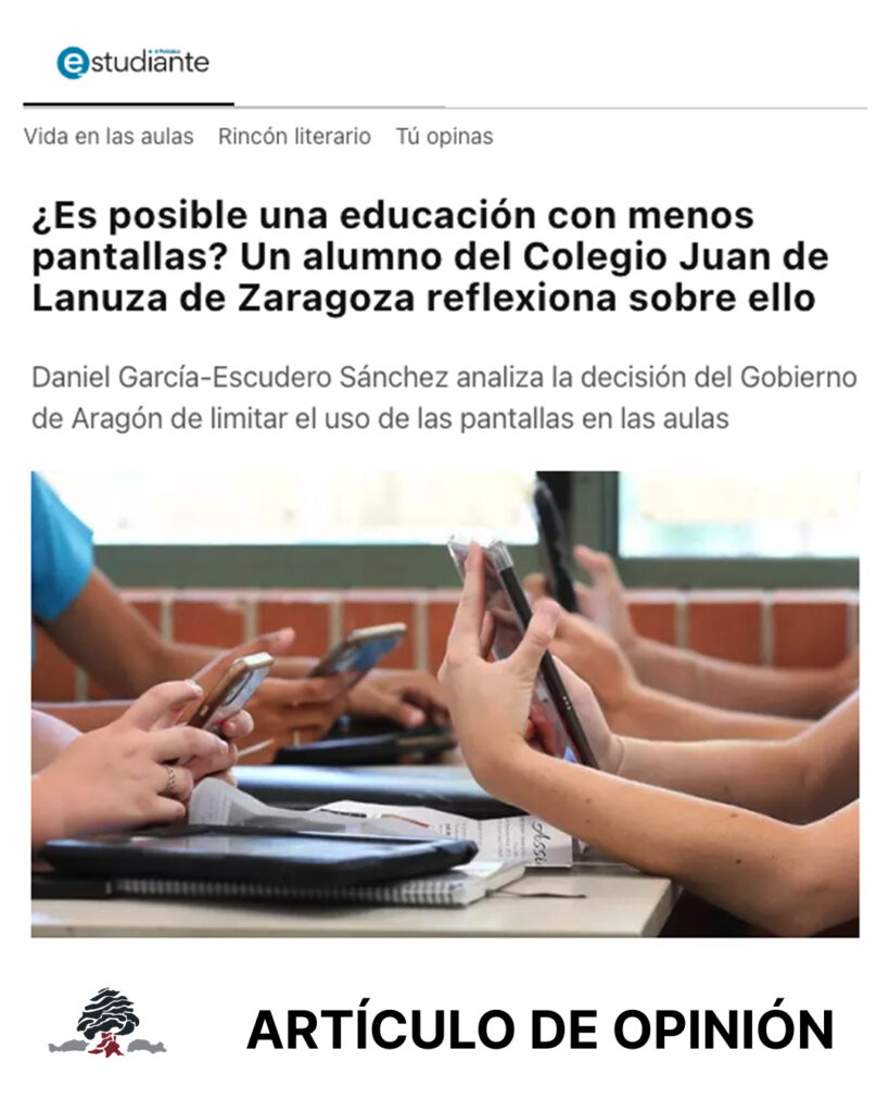 Artículo de opinión publicado en La Voz del Estudiante en el que un alumno del Colegio Juan de Lanuza reflexiona sobre una educación con menos pantallas.