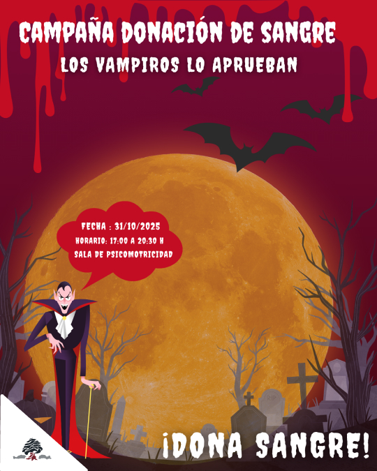 Cartel de la campaña de donación de sangre del Colegio Juan de Lanuza con temática de Halloween.