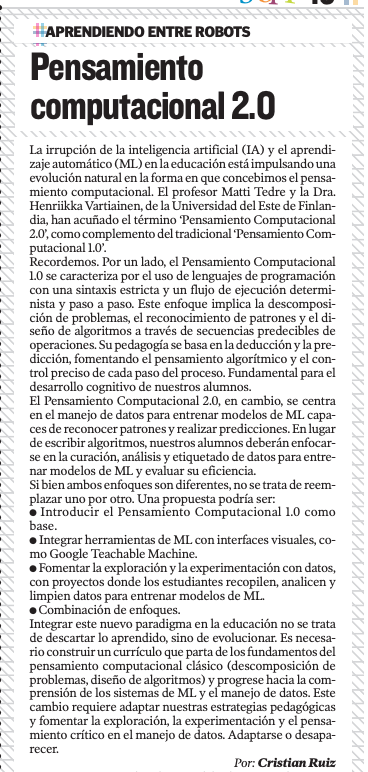 Artículo de Heraldo Escolar titulado “Pensamiento computacional 2.0”, firmado por Cristian Ruiz, sobre la integración de la inteligencia artificial en educación.