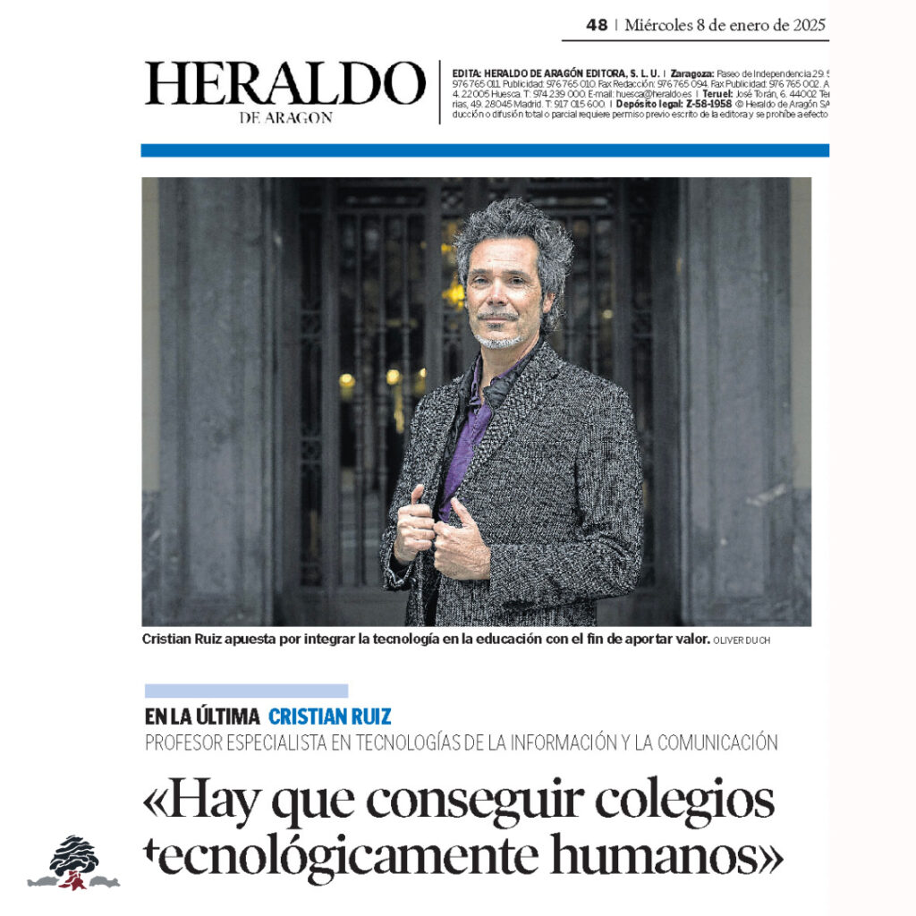 Portada del Heraldo de Aragón con entrevista a Cristian Ruiz, profesor especialista en tecnología educativa del Colegio Juan de Lanuza.